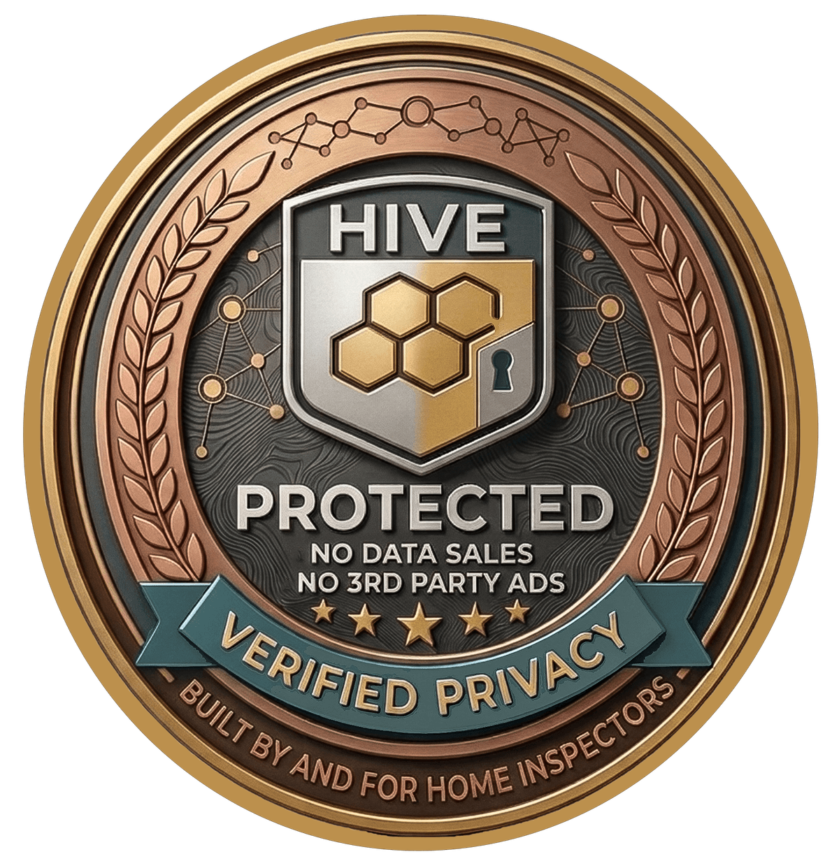 Hive Protected — Verified Privacy badge: no data sales, no third-party ads, built by and for home inspectors